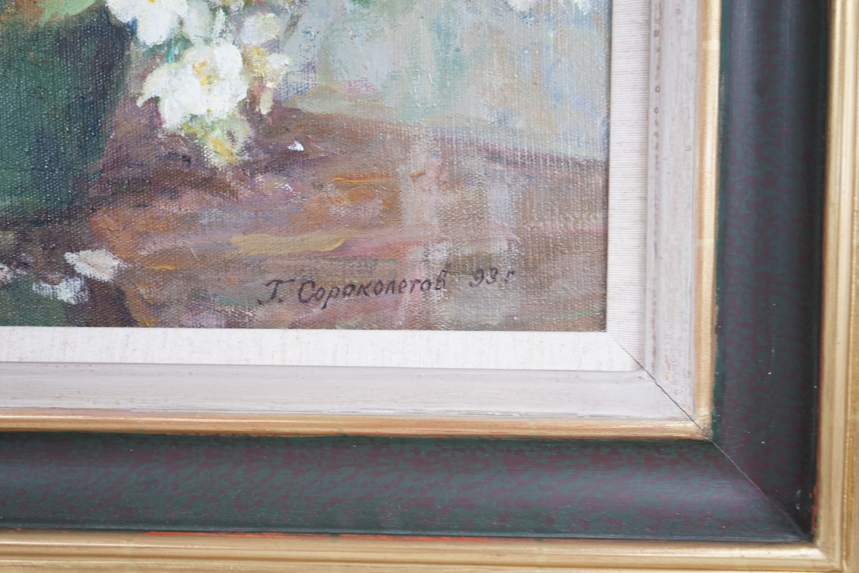 Gavriil Sorokolekov (Ukrainian, 1913-2001), oil on canvas, Still life, ‘Spring Blossoms’, signed, inscriptions and labels verso, 39 x 49cm. Condition - good